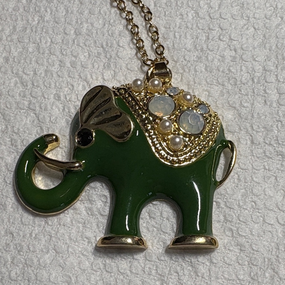 Green Elephant Pendant Necklace with Gold Accents
